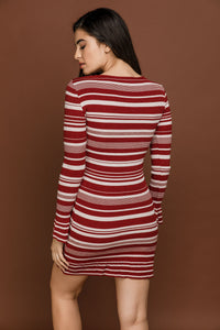 Striped Knit Burgundy Dress by Si Fashion