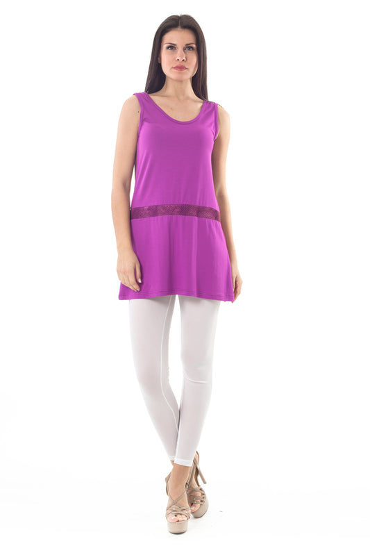 Conquista Τουνίκ Longline Casual Αμάνικο Στρογγυλή Λαιμόκοψη Με Δίχτυ Μονόχρωμο Μωβ Y31.013-46