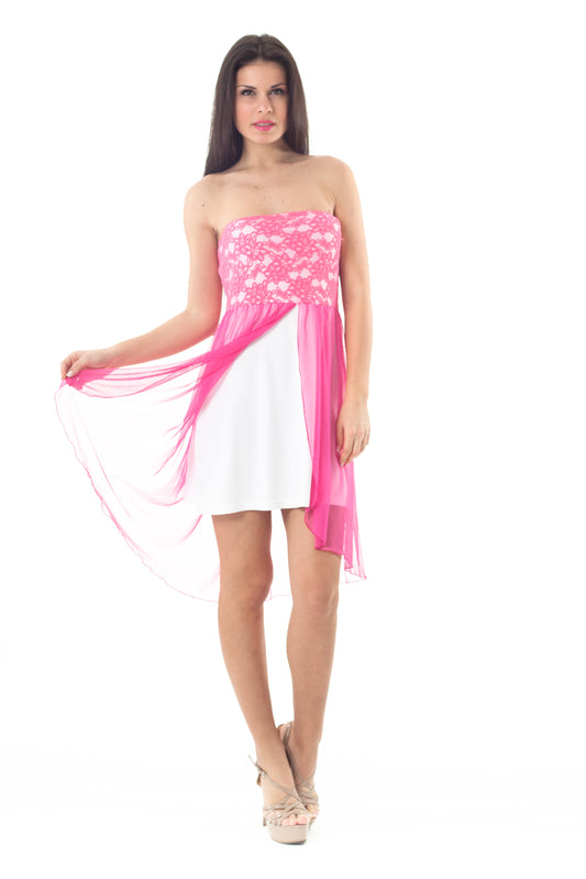 Conquista Φόρεμα Mini Βραδινό Strapless Με Δαντέλα Και Τούλι Διχρωμο Φούξια Λευκό Y31-092-11