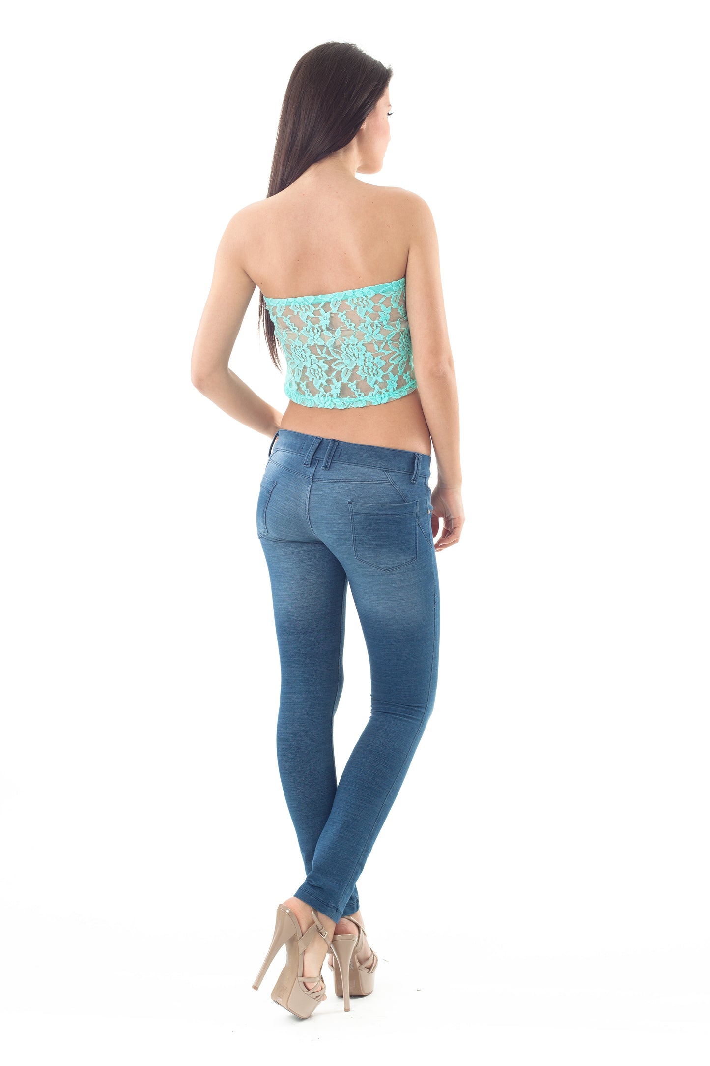 Conquista Τοπ Strapless Casual Κοντό Δαντέλα Floral Μονόχρωμο Τιρκουάζ Y31.096-77