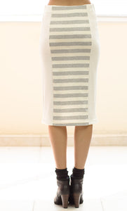 Ecru and Grey Striped Pencil Skirt